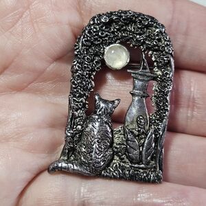 **Sale** MASJ 1990 Vintage Silver Tone Welsh Cat In Window Semiprecious Stone